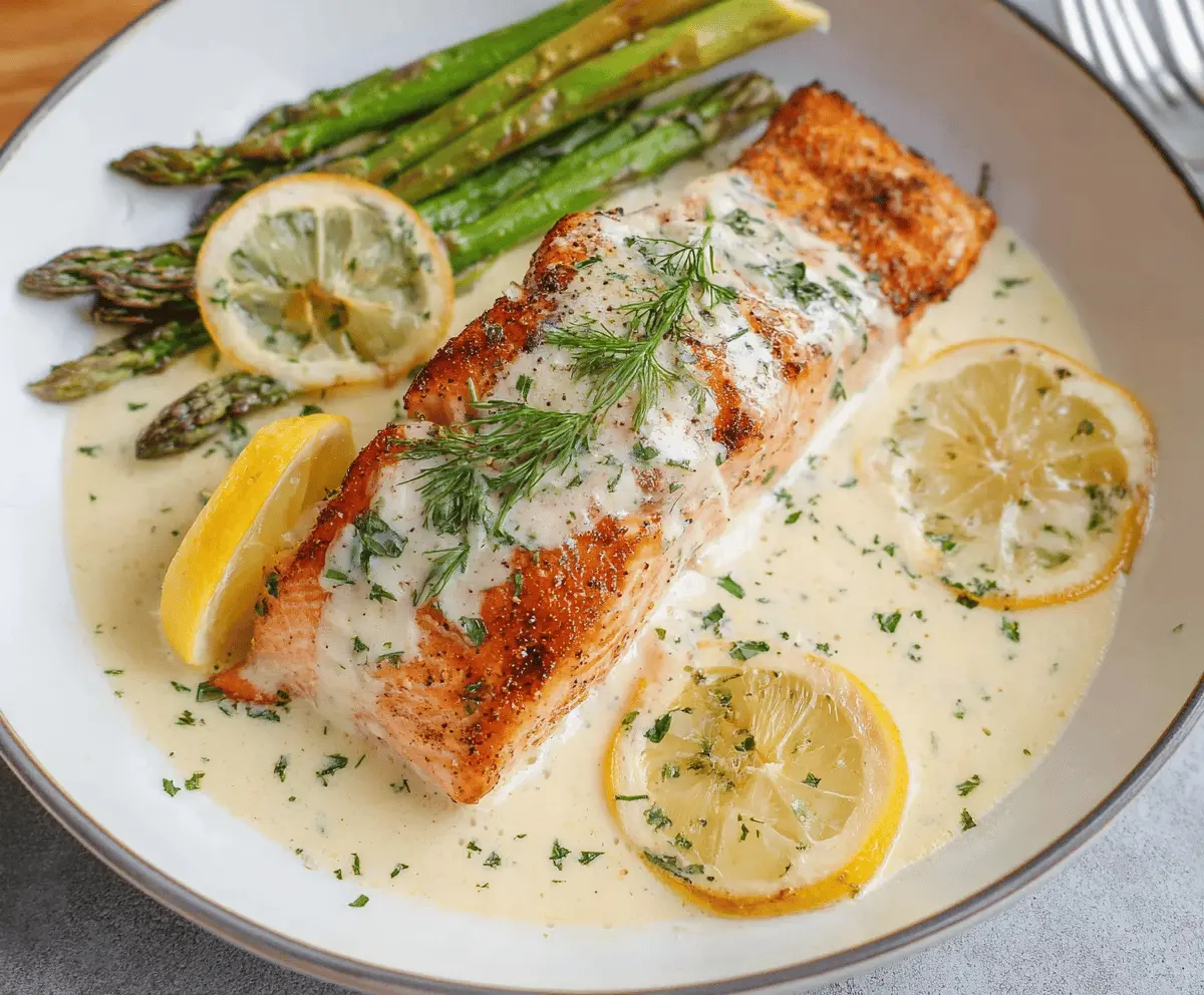 Creamy Lemon Butter Salmon served with fresh herbs on a white plate, highlighting a delicious and flavorful seafood dish