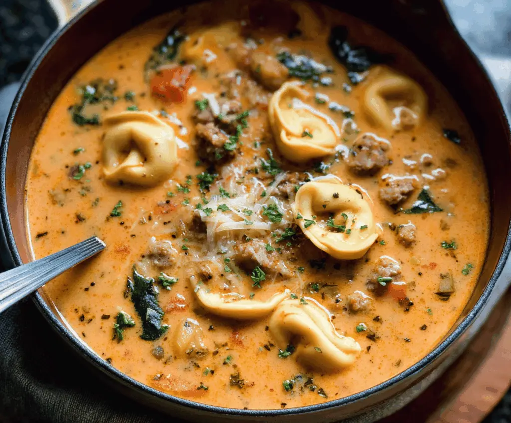 Creamy Sausage Tortellini Soup in a bowl topped with fresh herbs, featuring tender tortellini, savory sausage, and creamy broth, perfect for a comforting meal.