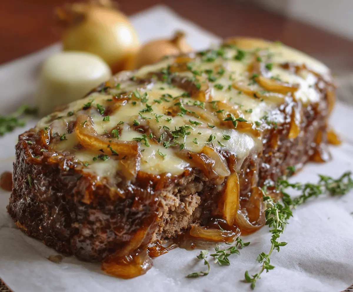 Crockpot French Onion Meatloaf topped with melted Swiss cheese and caramelized onions, served in a rustic dish