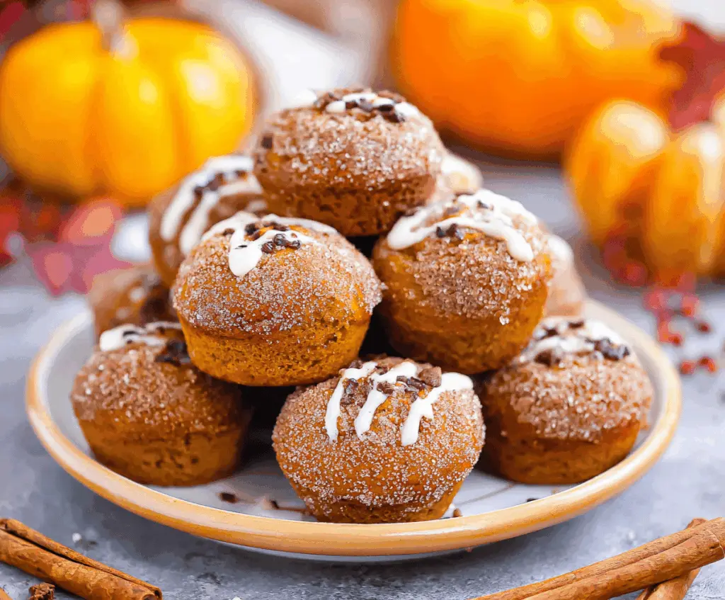 Delicious homemade pumpkin donut muffins with a cinnamon sugar coating on a rustic plate, perfect for fall dessert or breakfast.