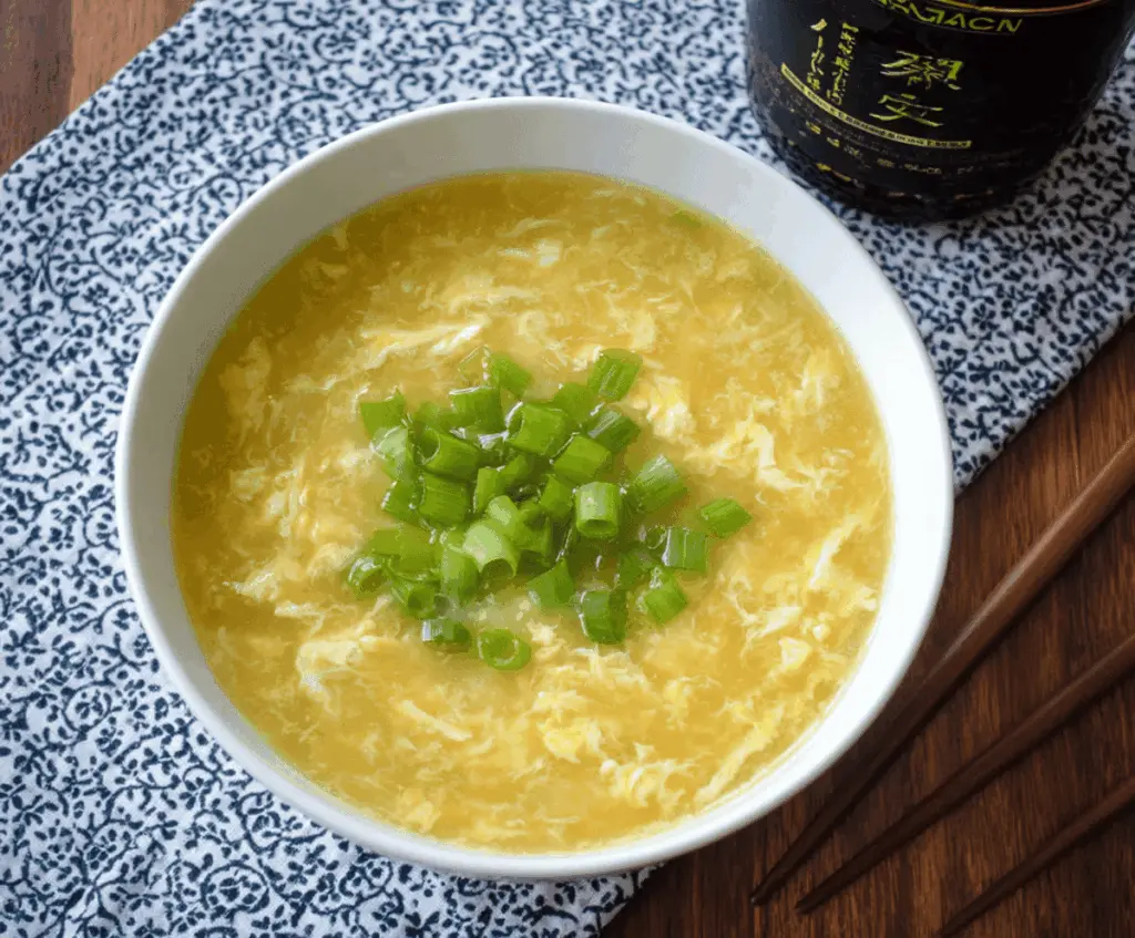A bowl of hot Egg Drop Soup with wispy egg ribbons and chopped green onions on top, served in a white bowl with a spoon.
