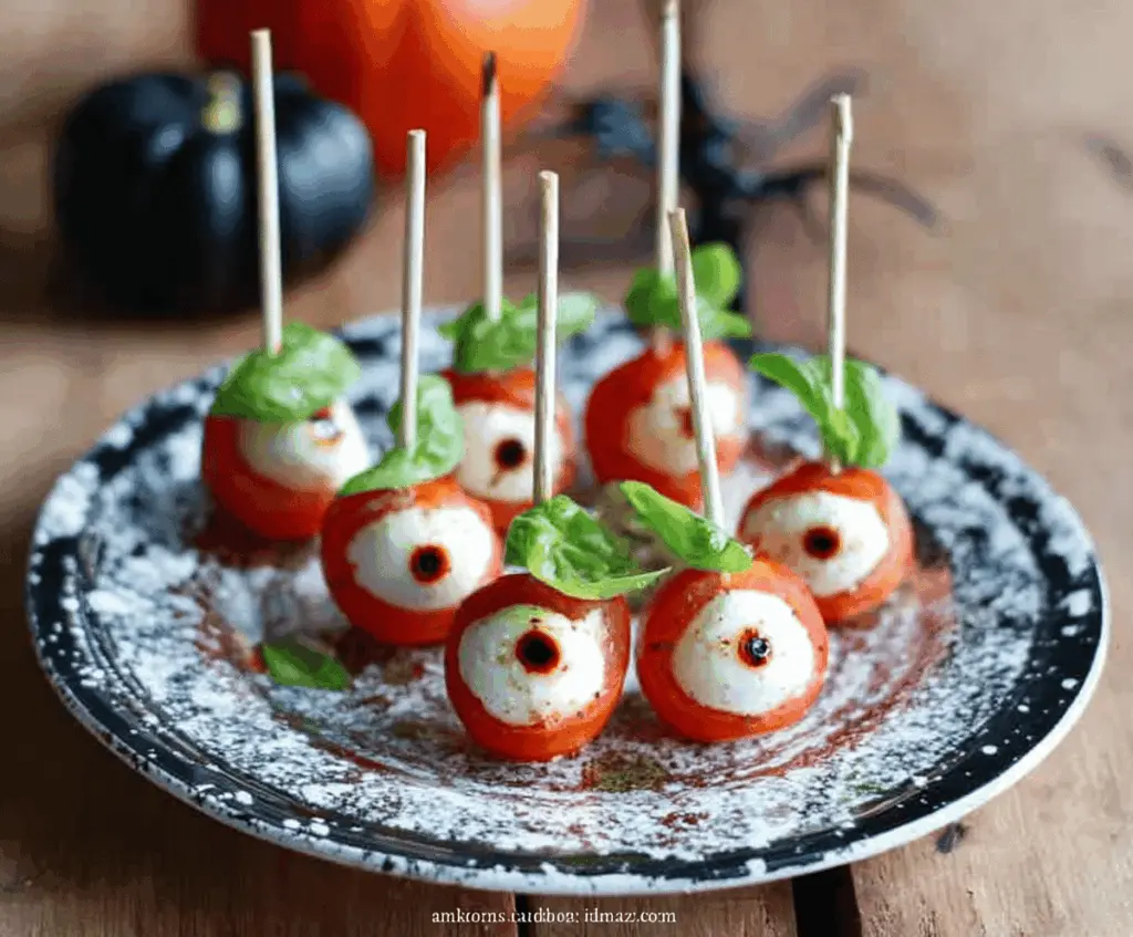 Colorful Eyeball Caprese Skewers with cherry tomatoes, fresh mozzarella balls, basil leaves, and spooky eyeball decorations for Halloween party appetizers.