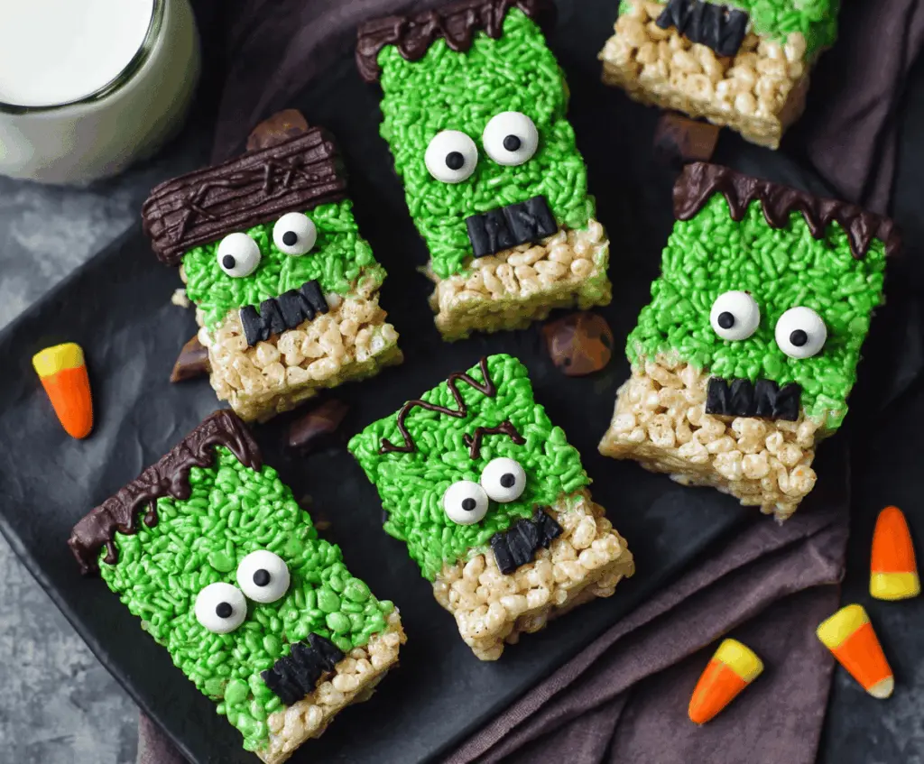 Colorful Frankenstein Rice Krispie Treats with green icing, candy eyes, and Halloween-themed decorations, perfect for a spooky party dessert