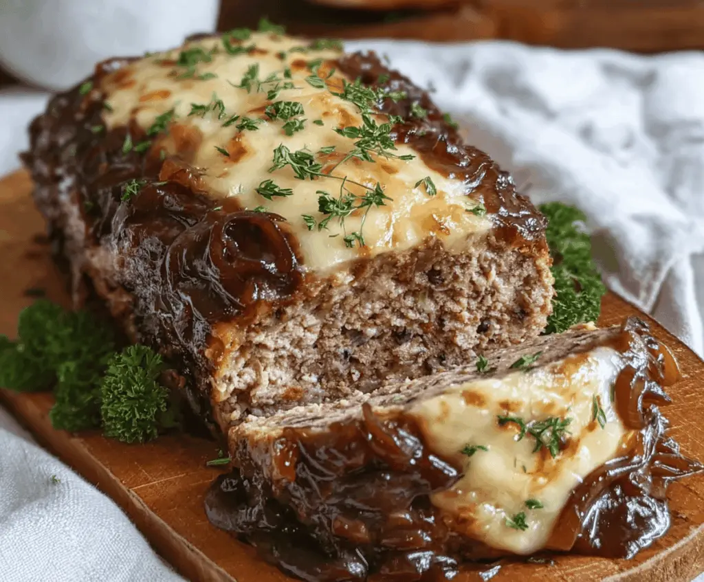 Delicious French Onion Meatloaf topped with caramelized onions and melted cheese, served on a white plate