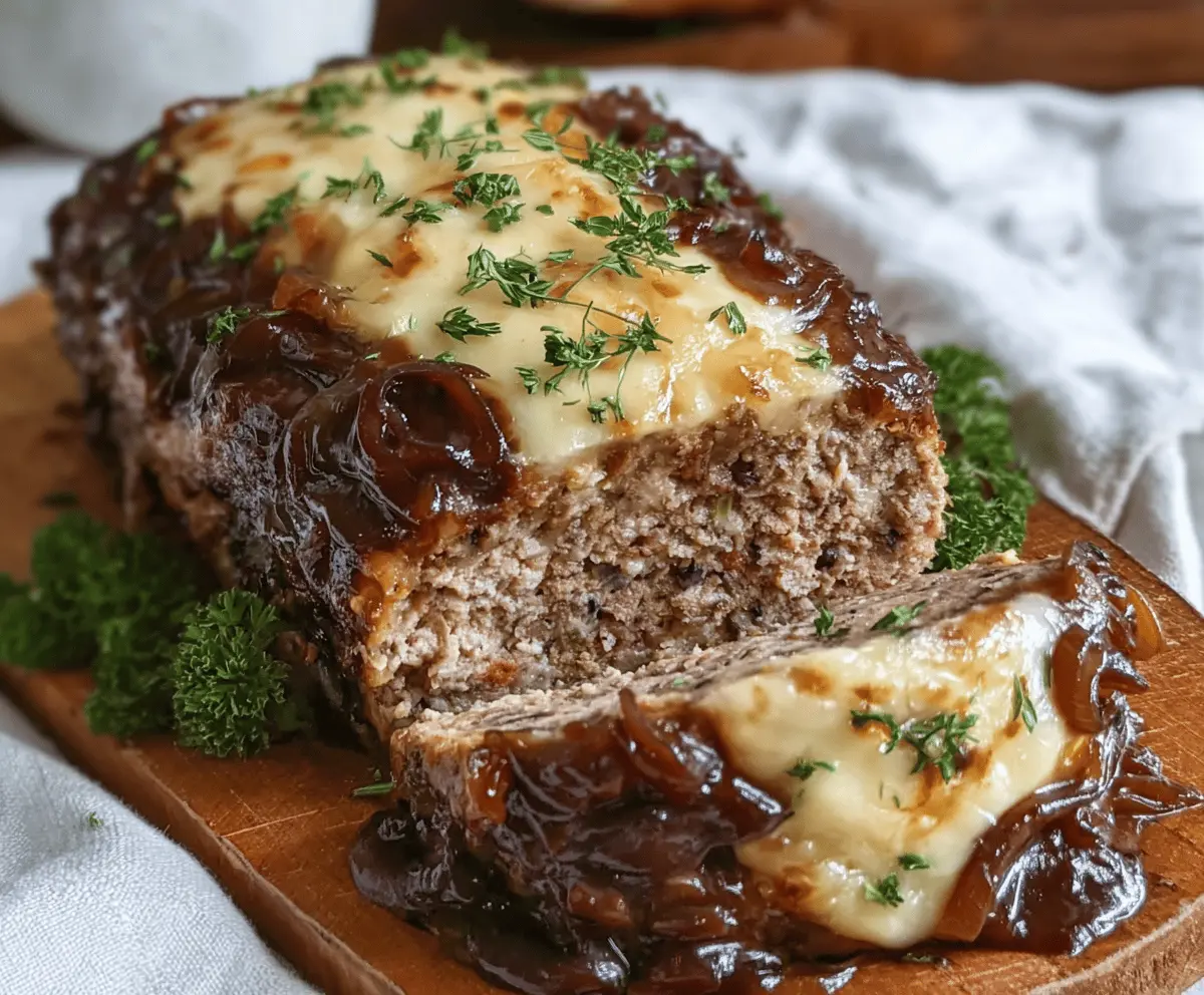 Delicious French Onion Meatloaf topped with caramelized onions and melted cheese, served on a white plate