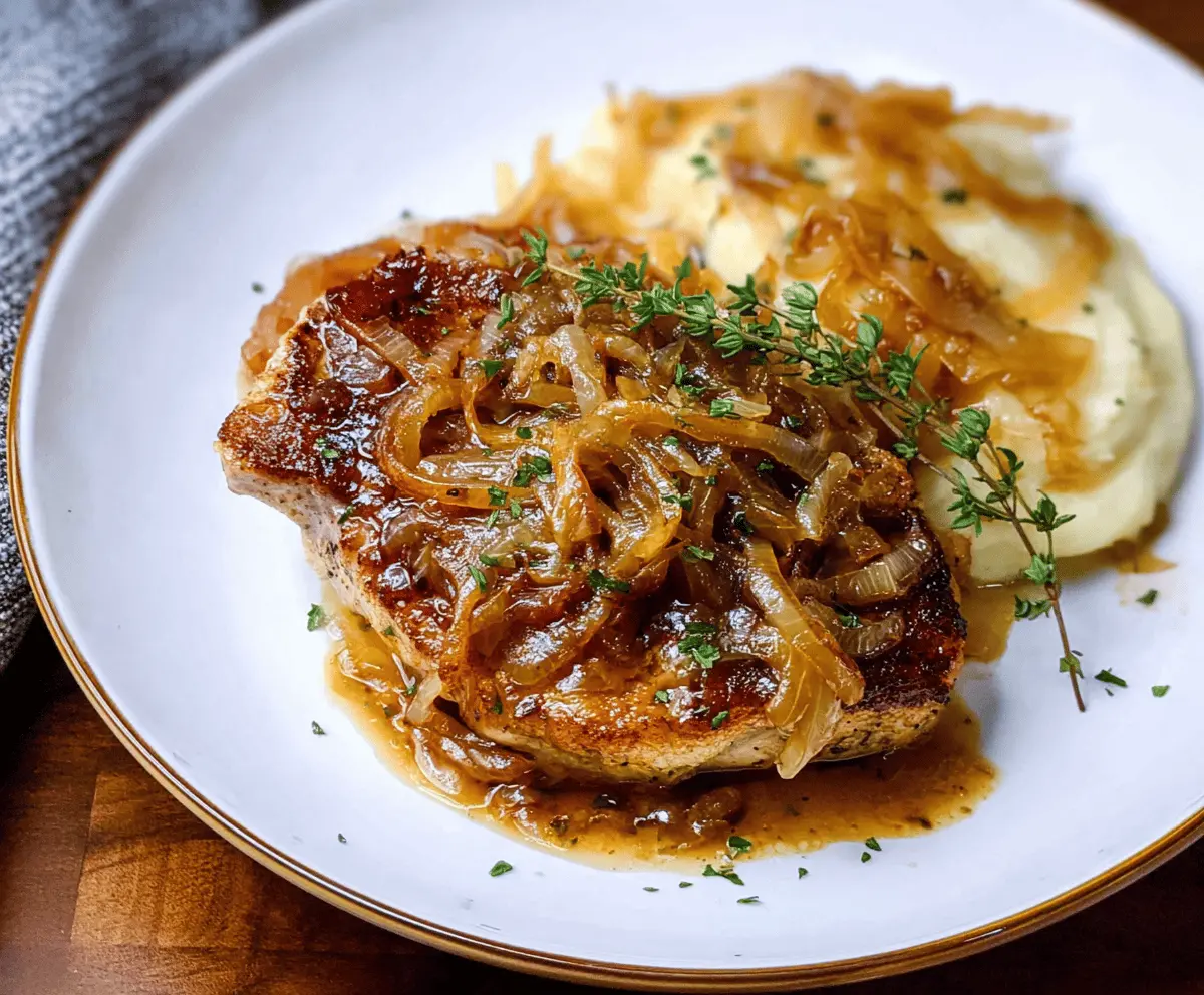 Juicy French Onion Pork Chops topped with caramelized onions and melted cheese, served on a plate with fresh herbs for a flavorful dinner option.