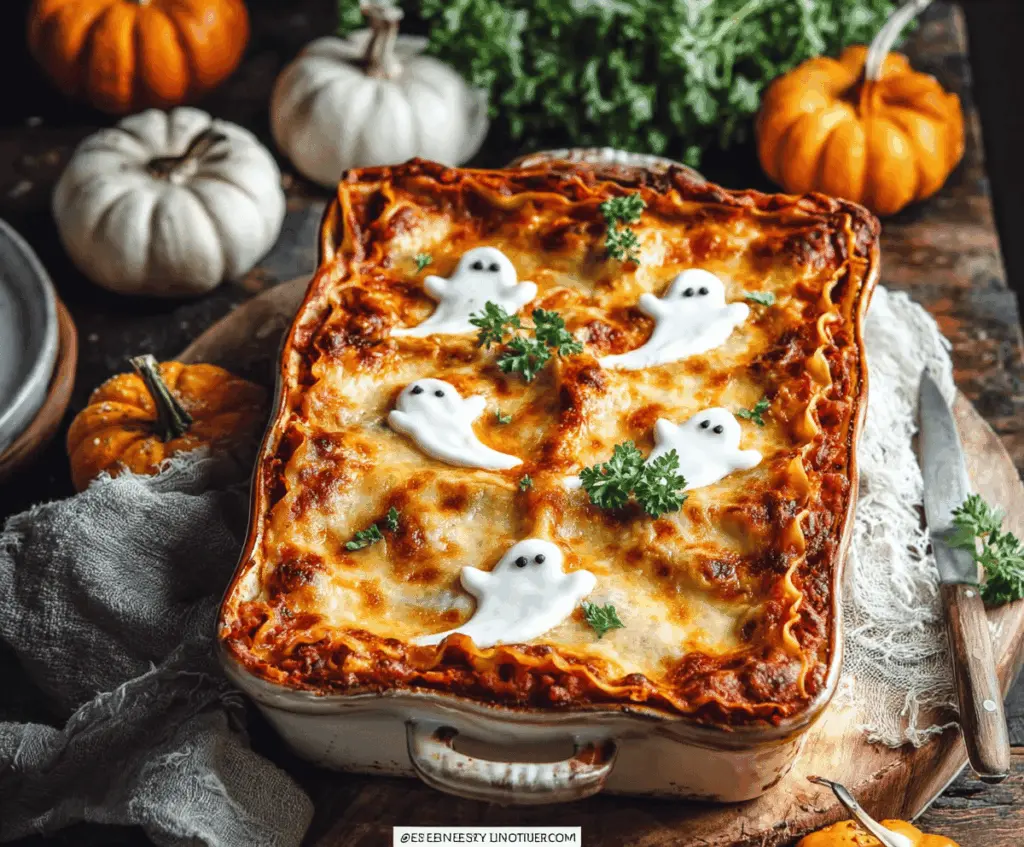 A spooky Halloween-themed lasagna decorated to resemble a ghost, featuring layered pasta, cheese, and sauce with ghostly white toppings and haunting presentation.