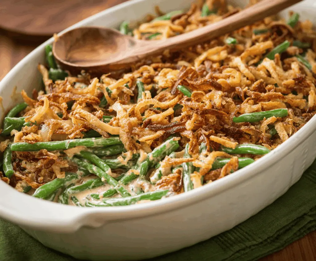 Delicious homemade Green Bean Casserole with crispy fried onions and fresh green beans