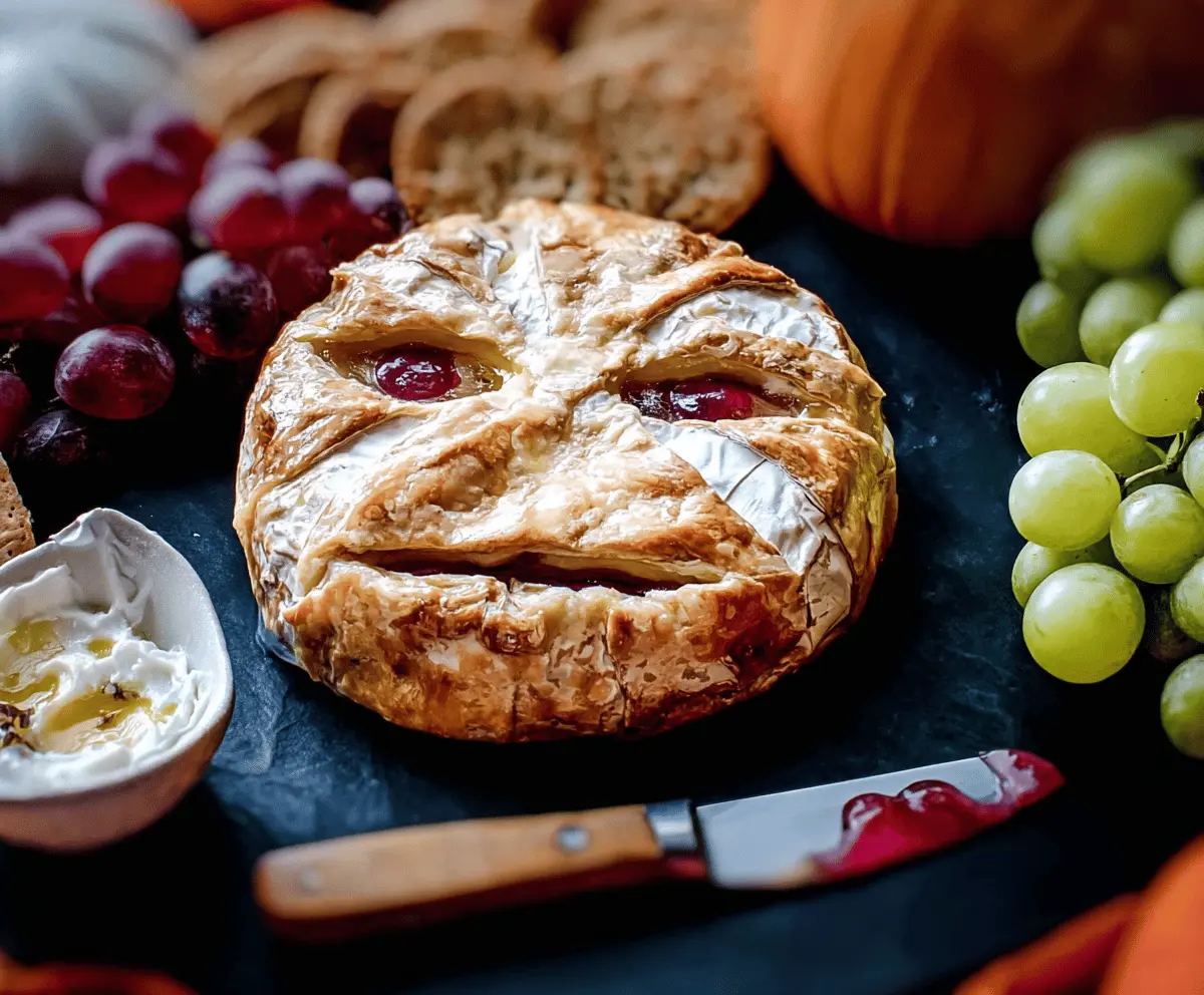 Creamy baked Brie cheese decorated for Halloween with spooky toppings, perfect for festive parties