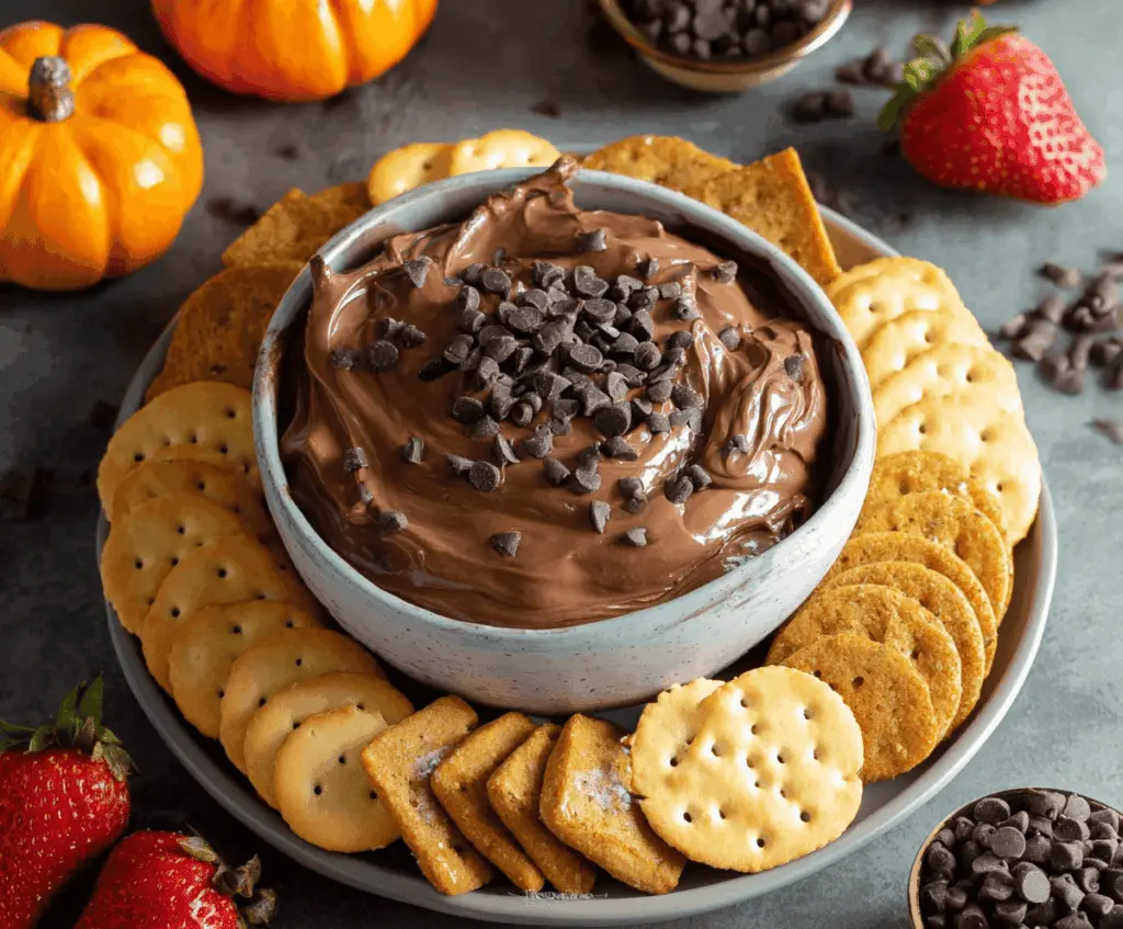 Creamy Halloween Brownie Batter Dip in a decorative bowl with spooky themed toppings, perfect for festive parties