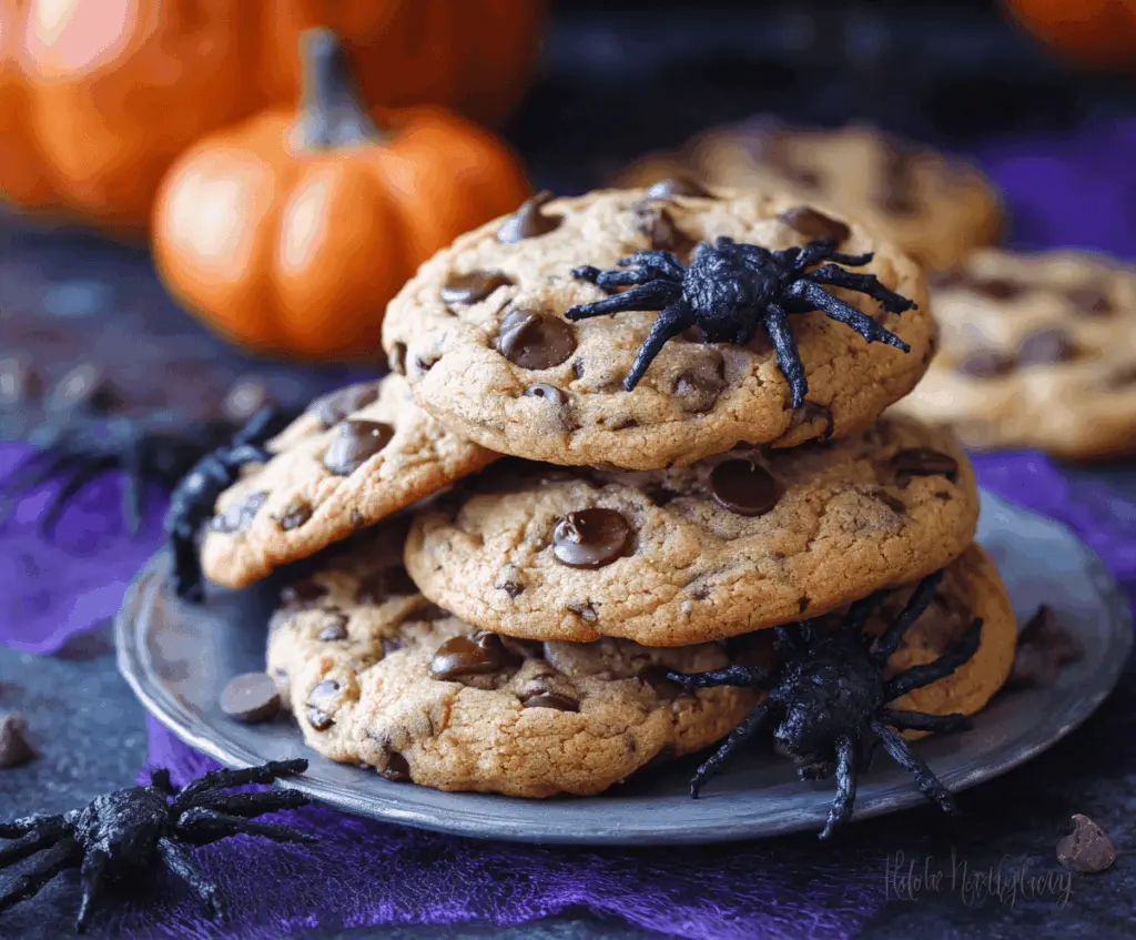 Delicious homemade Halloween chocolate chip cookies with spooky decorations and festive themes