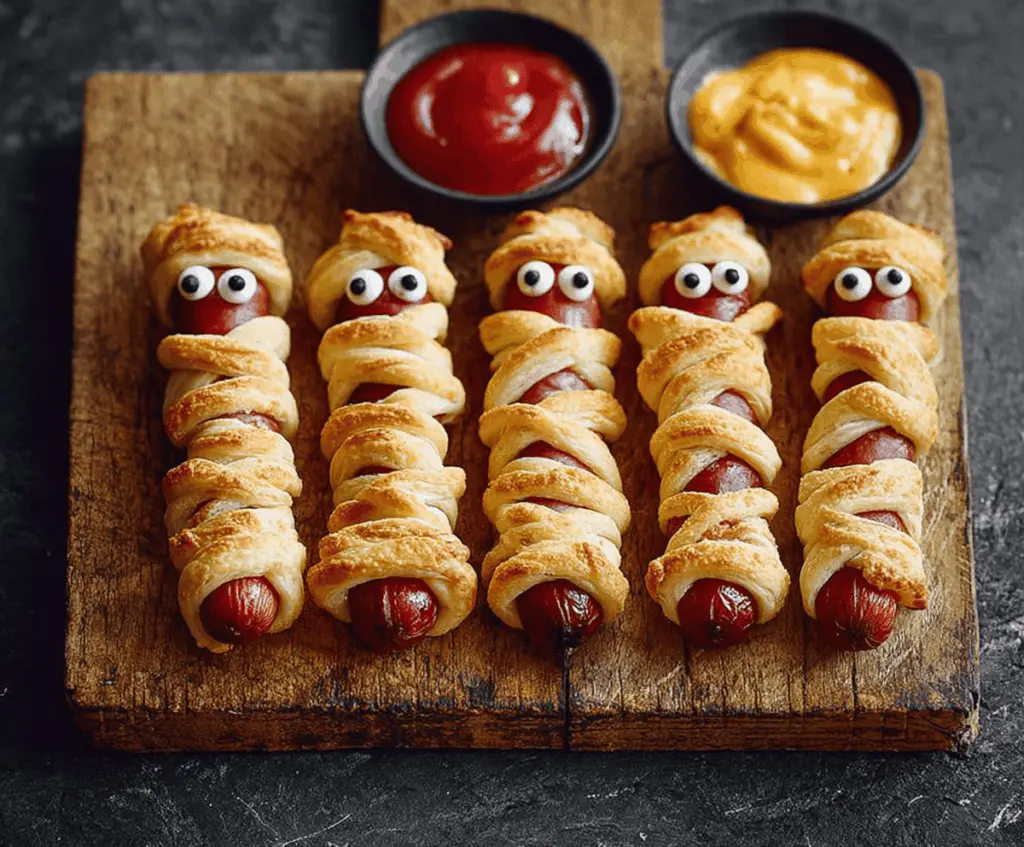 A plate of spooky Halloween mummy sausages wrapped in pastry with candy eyes, perfect for a fun and creepy party snack.