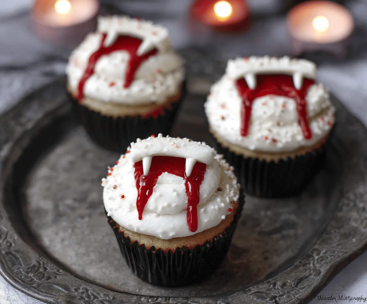Delicious Halloween Vampire Bite Cupcakes with red icing and creepy fangs for spooky celebration treats