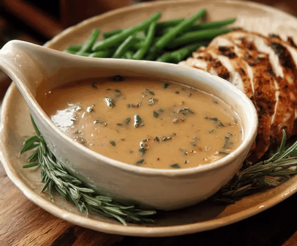 A bowl of rich, creamy herbed turkey gravy garnished with fresh herbs, perfect for pouring over Thanksgiving turkey or mashed potatoes.