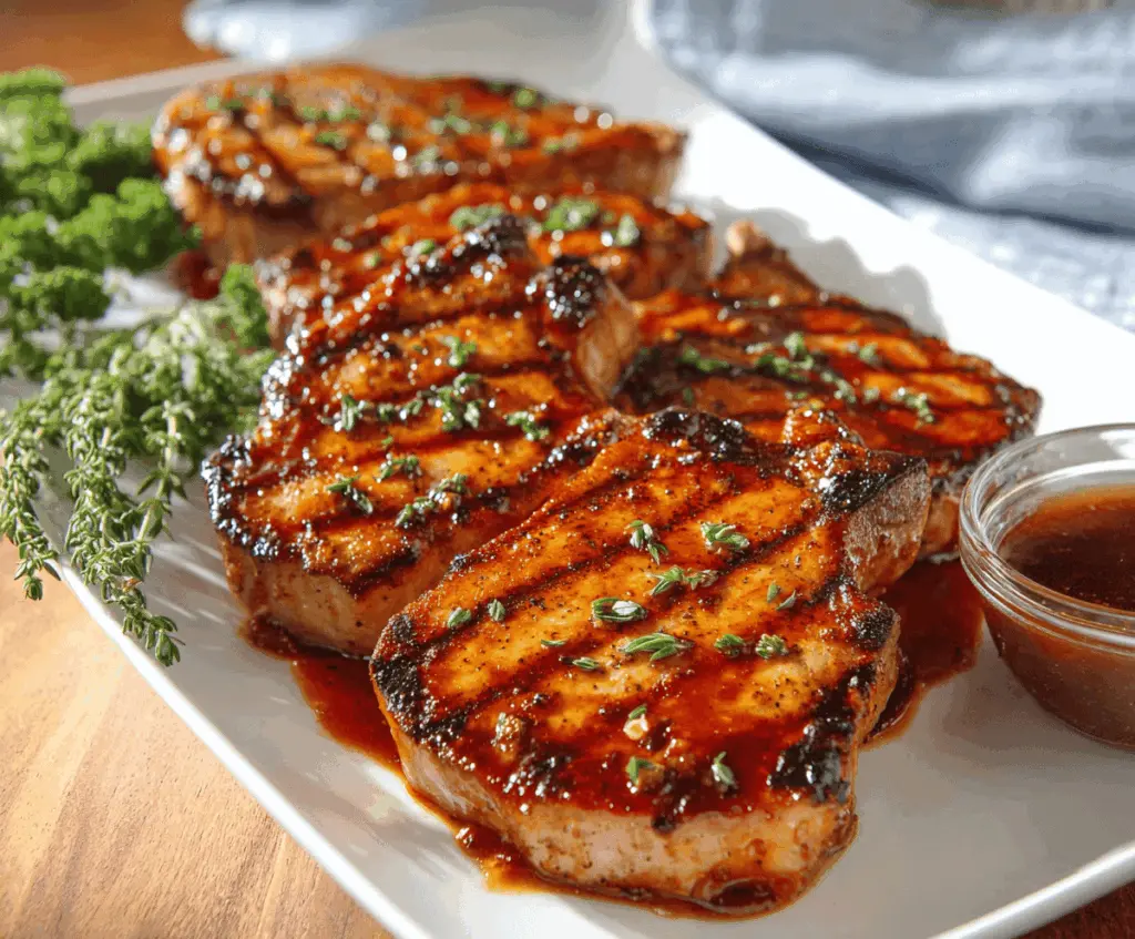 Juicy honey garlic pork chops garnished with fresh herbs on a rustic wooden table, ready to serve.