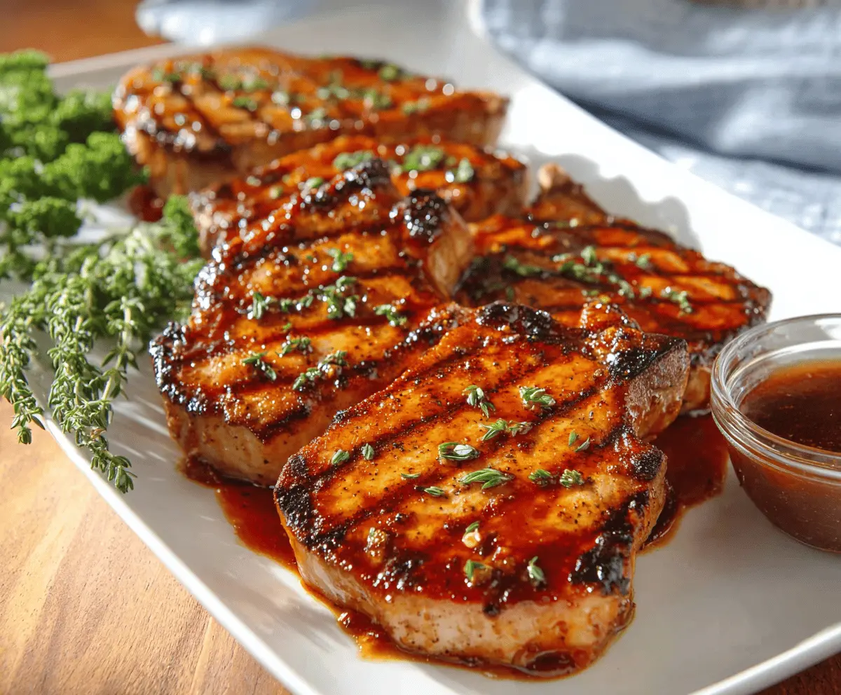 Juicy honey garlic pork chops garnished with fresh herbs on a rustic wooden table, ready to serve.