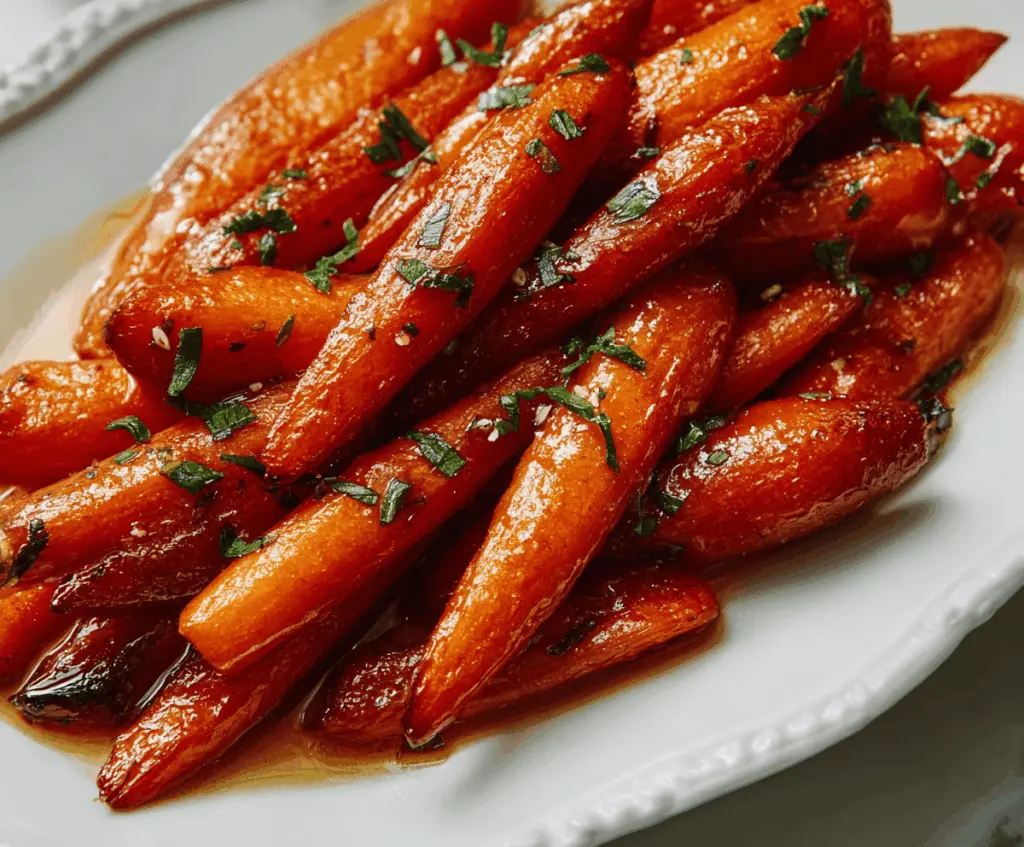 Golden honey glazed carrots with a shiny finish, garnished with fresh herbs.