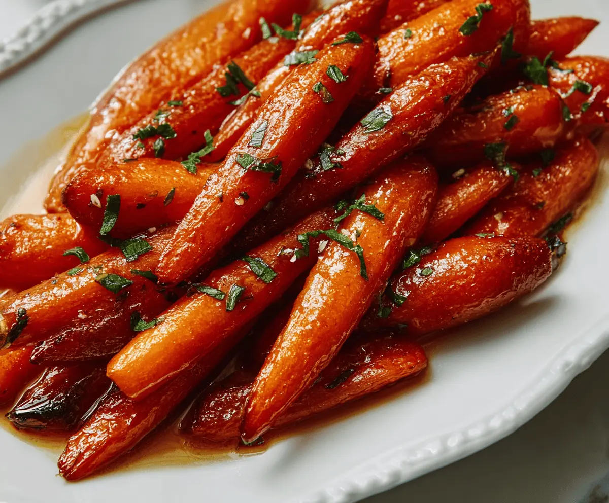 Golden honey glazed carrots with a shiny finish, garnished with fresh herbs.