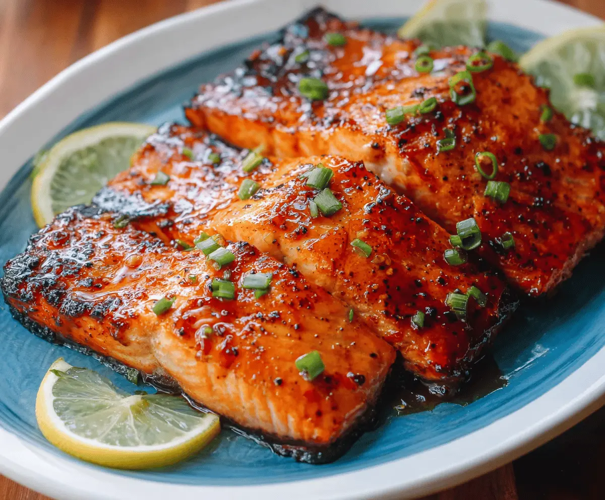 Delicious honey glazed salmon fillet topped with fresh herbs, served on a white plate with a drizzle of honey glaze, perfect for a healthy dinner