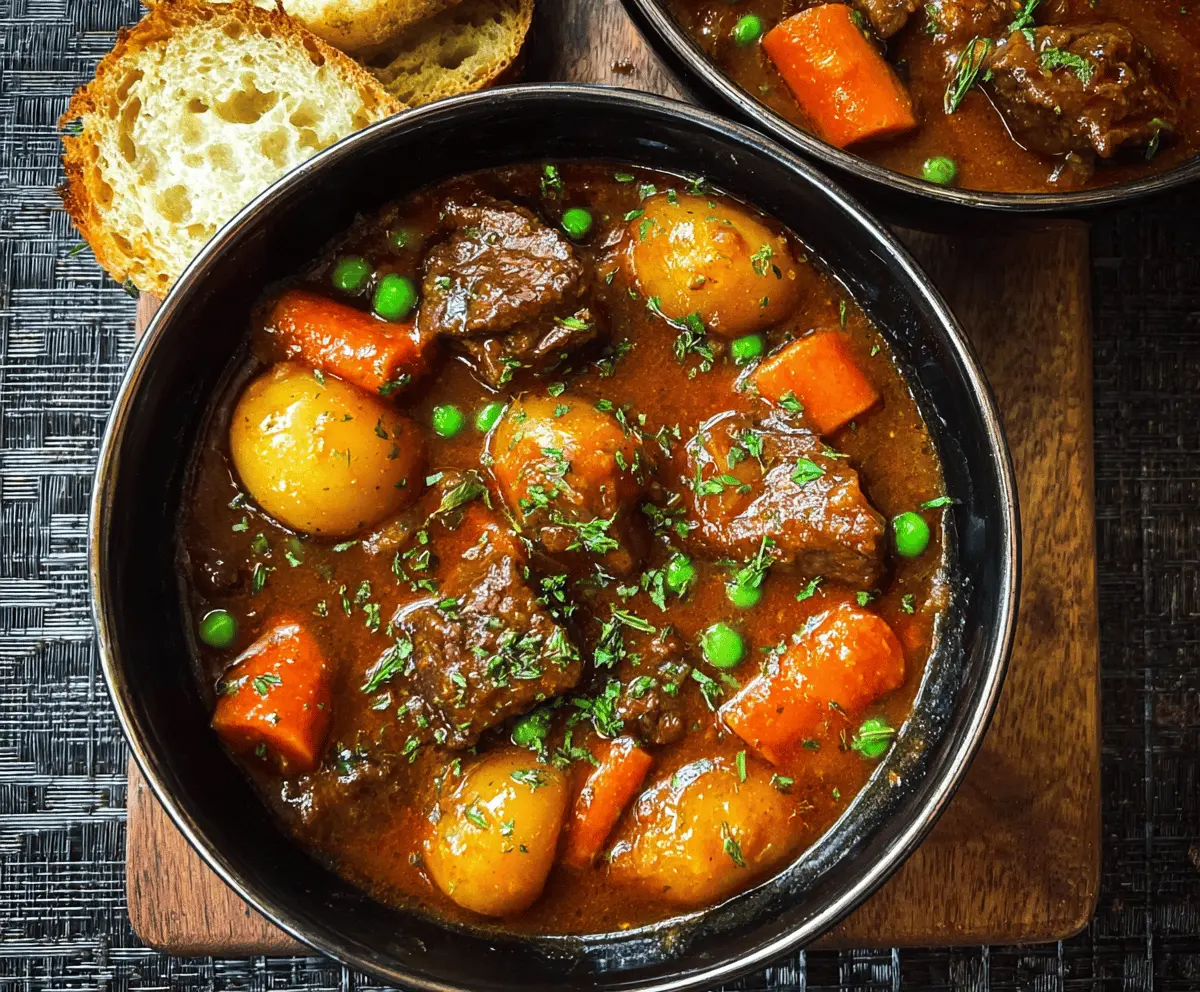 Hearty homemade Instant Pot beef stew with tender beef chunks, carrots, potatoes, and savory broth in a white bowl