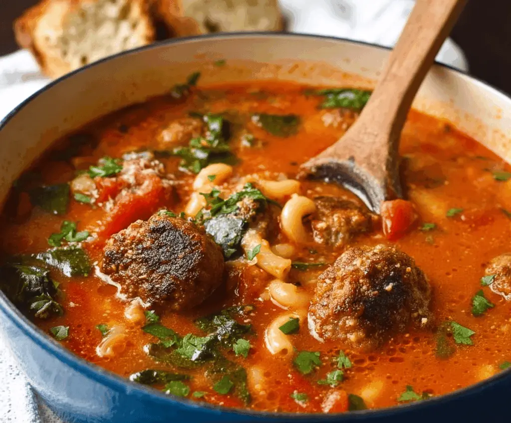 A steaming bowl of Italian Meatball Soup garnished with fresh herbs, featuring tender meatballs, colorful vegetables, and pasta in a savory broth.