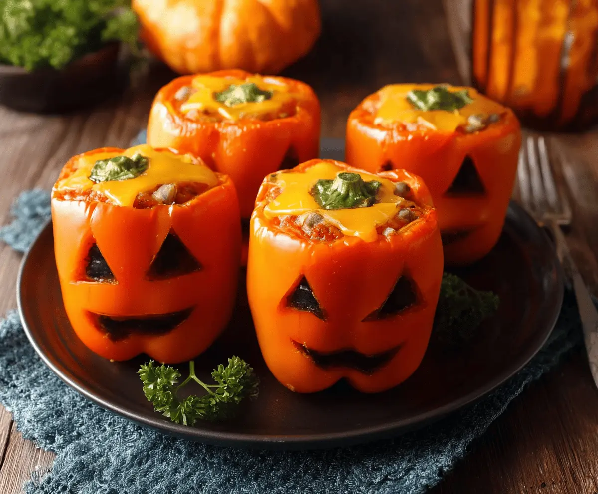 Colorful Jack-O’-Lantern stuffed peppers filled with savory ingredients, perfect for a festive Halloween dinner.