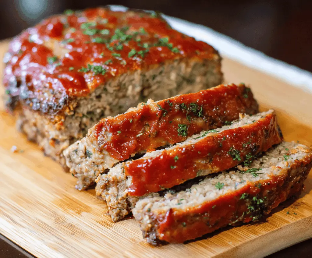 Delicious keto meatloaf topped with fresh herbs on a rustic plate for a healthy dinner