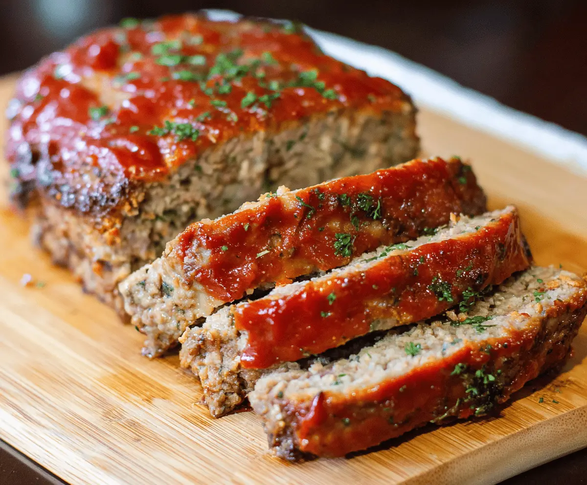 Delicious keto meatloaf topped with fresh herbs on a rustic plate for a healthy dinner