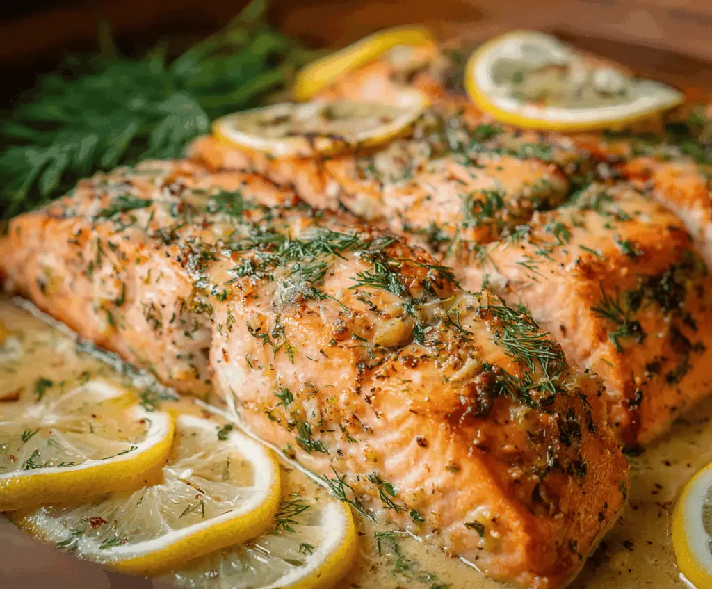 Fresh Lemon Dill Salmon fillet garnished with lemon slices and dill on a white plate, perfect for a healthy seafood dinner.