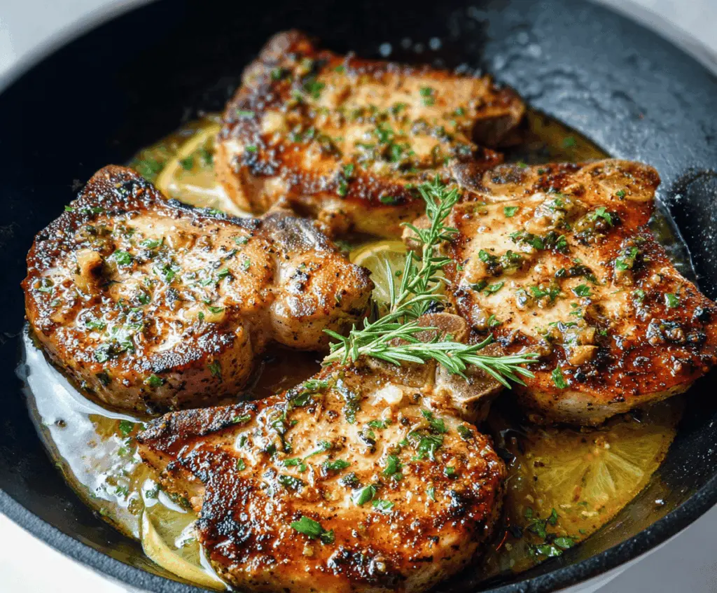 Juicy lemon garlic pork chops served with fresh herbs on a rustic plate, perfect for a flavorful dinner