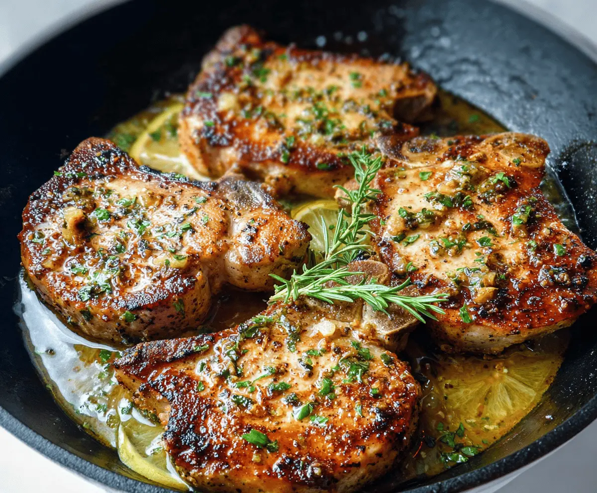 Juicy lemon garlic pork chops served with fresh herbs on a rustic plate, perfect for a flavorful dinner