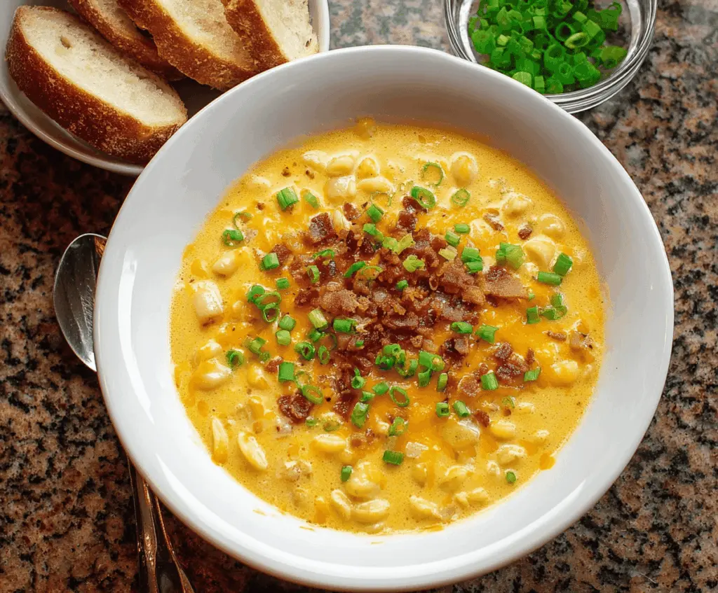 Creamy Mac and Cheese Soup in a bowl with melted cheese, pasta, and fresh herbs, perfect for a comforting meal.