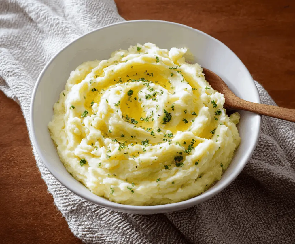 Creamy homemade mashed potatoes topped with fresh herbs served in a rustic bowl, perfect for a comforting meal.