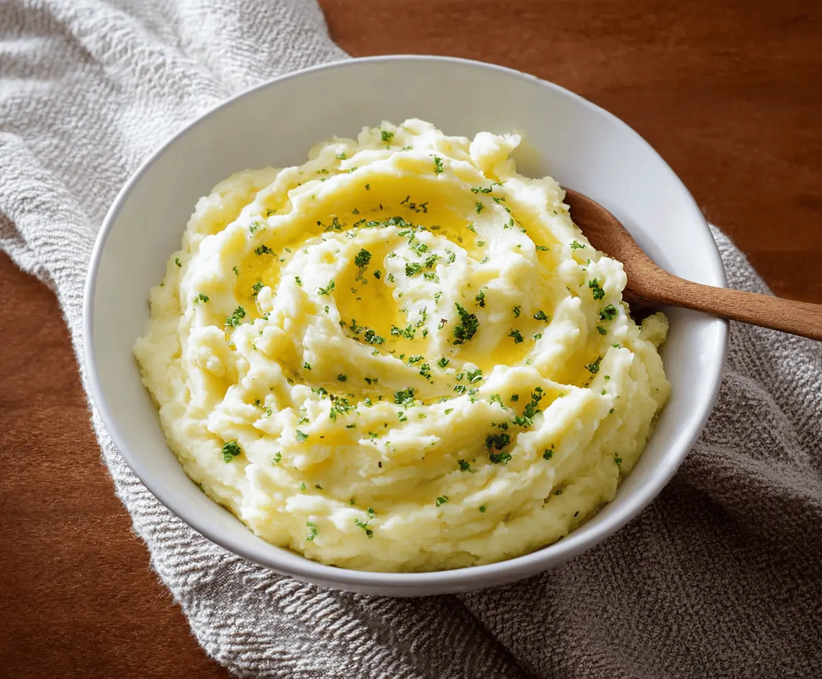 Creamy homemade mashed potatoes topped with fresh herbs served in a rustic bowl, perfect for a comforting meal.