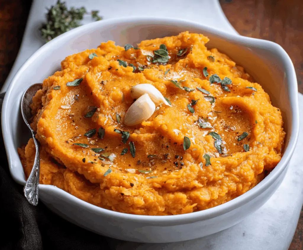 Creamy mashed sweet potatoes with roasted garlic, garnished with fresh herbs, perfect for a healthy side dish.
