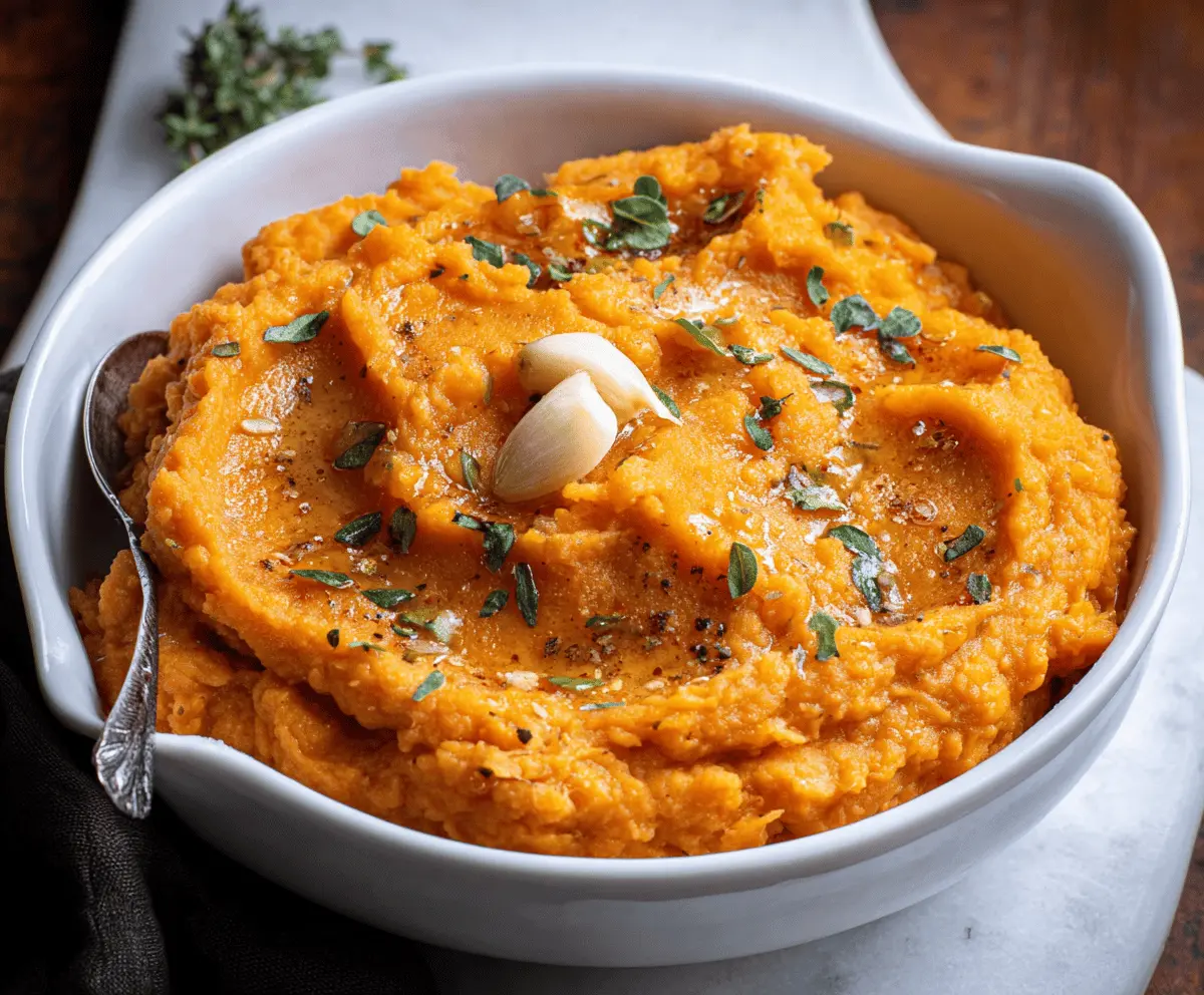 Creamy mashed sweet potatoes with roasted garlic, garnished with fresh herbs, perfect for a healthy side dish.