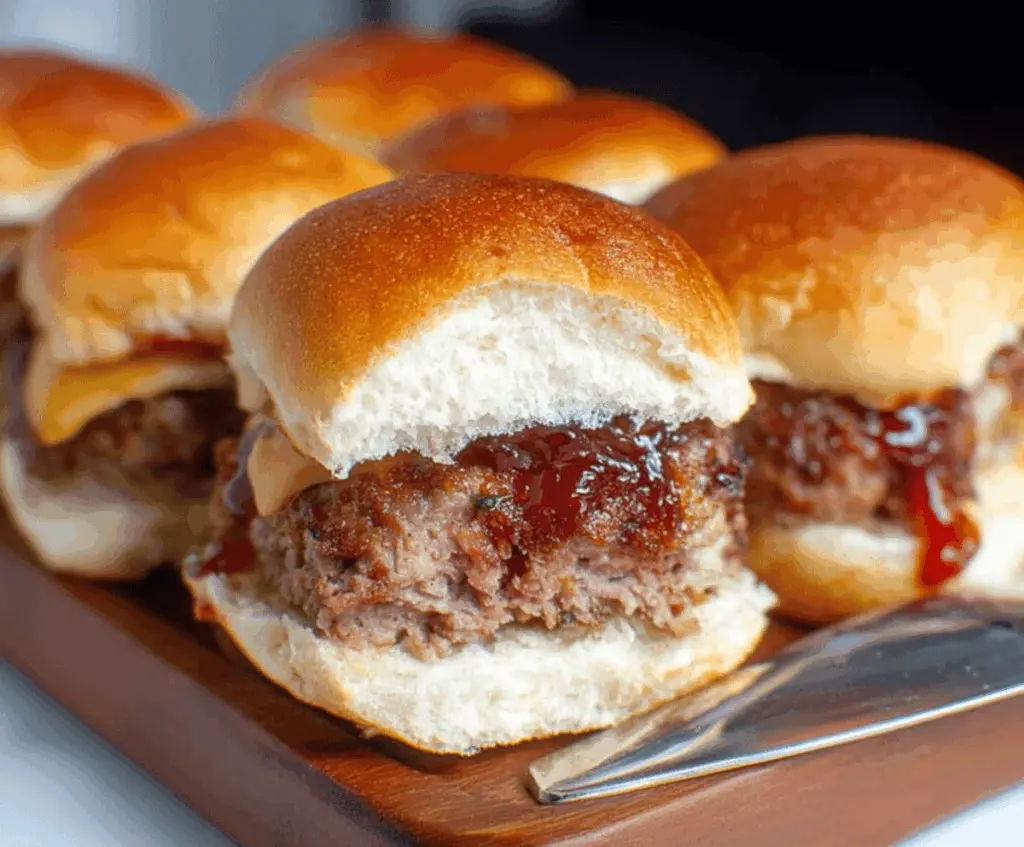 Juicy meatloaf sliders topped with melted cheese and fresh herbs on a slider bun, served on a plate.
