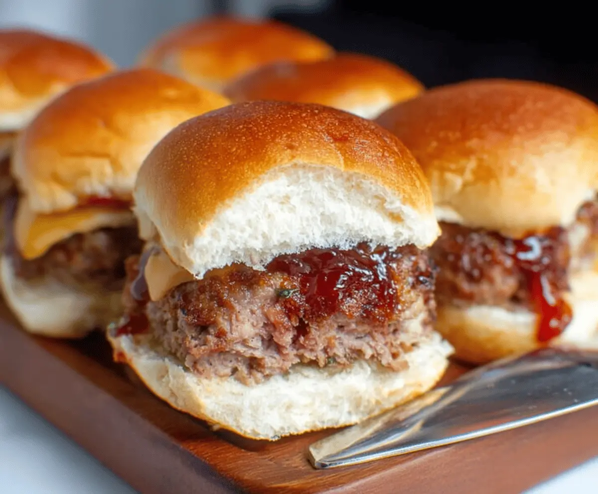 Juicy meatloaf sliders topped with melted cheese and fresh herbs on a slider bun, served on a plate.