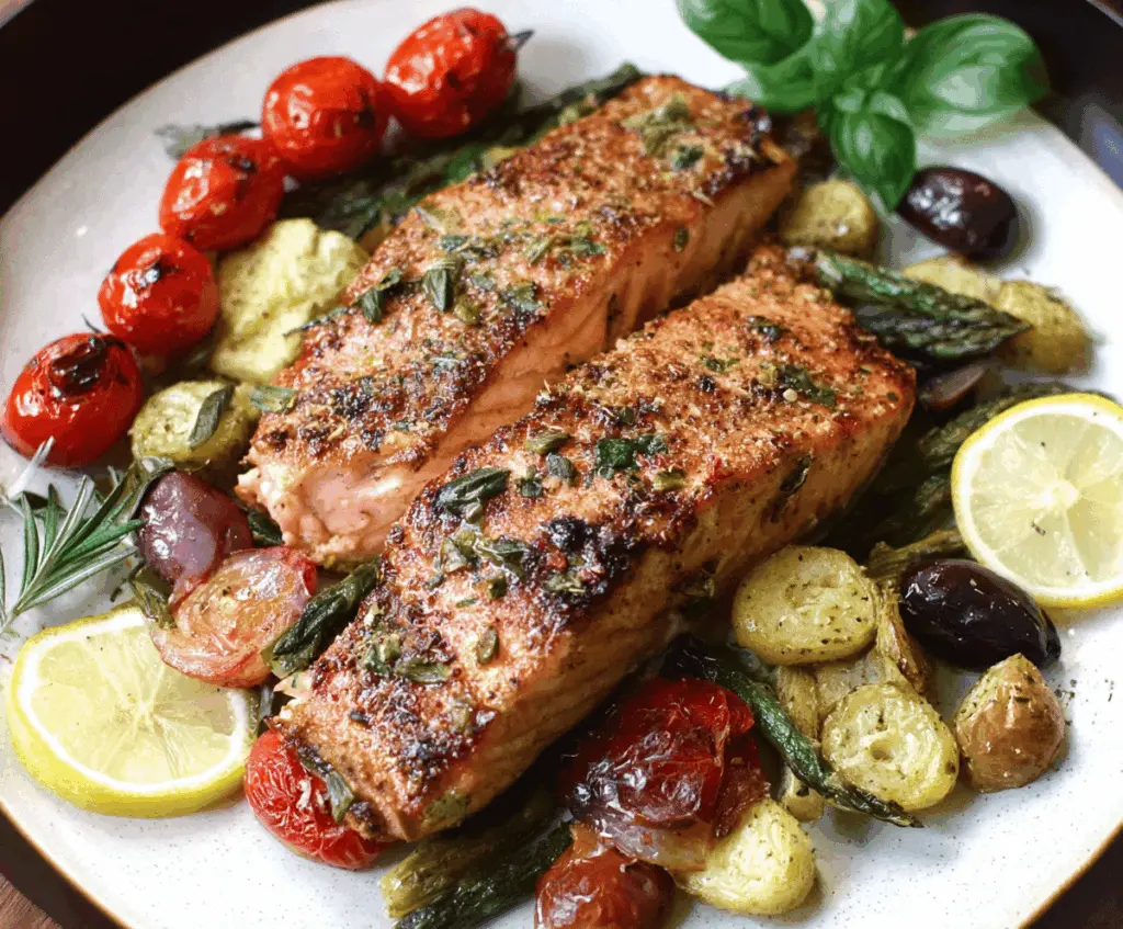 Baked Mediterranean Salmon fillet garnished with fresh herbs, cherry tomatoes, olives, and lemon slices on a rustic wooden platter