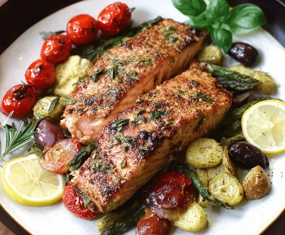 Baked Mediterranean Salmon fillet garnished with fresh herbs, cherry tomatoes, olives, and lemon slices on a rustic wooden platter