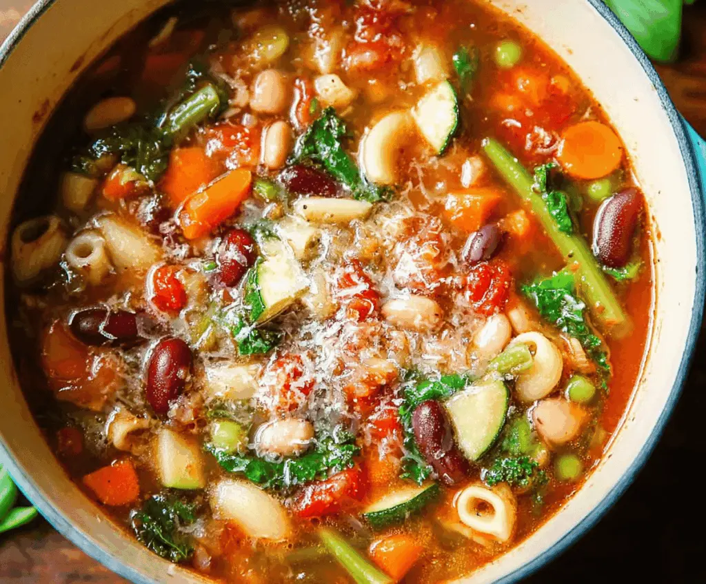A bowl of hearty minestrone soup filled with colorful vegetables, pasta, and beans served hot in a rustic bowl with fresh herbs.