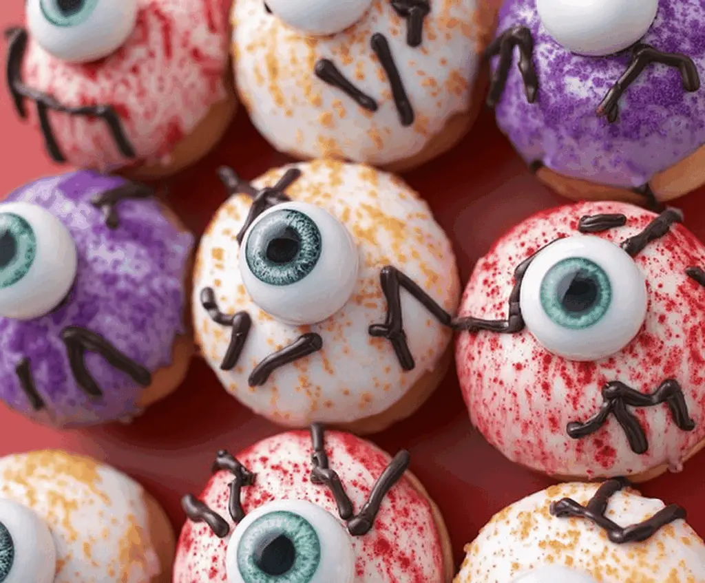 Colorful Monster Donut Eyeballs with vibrant frosting and spooky candy eyes, perfect for Halloween treats.