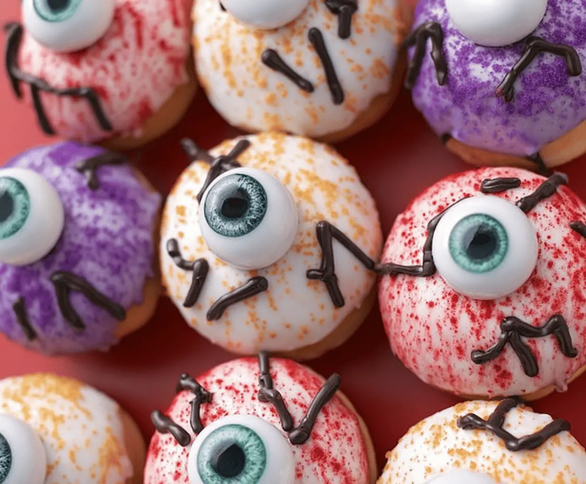 Colorful Monster Donut Eyeballs with vibrant frosting and spooky candy eyes, perfect for Halloween treats.