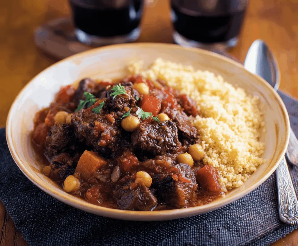 Delicious Moroccan Beef Stew with tender beef chunks, aromatic spices, vegetables, and fresh herbs served in a rustic bowl