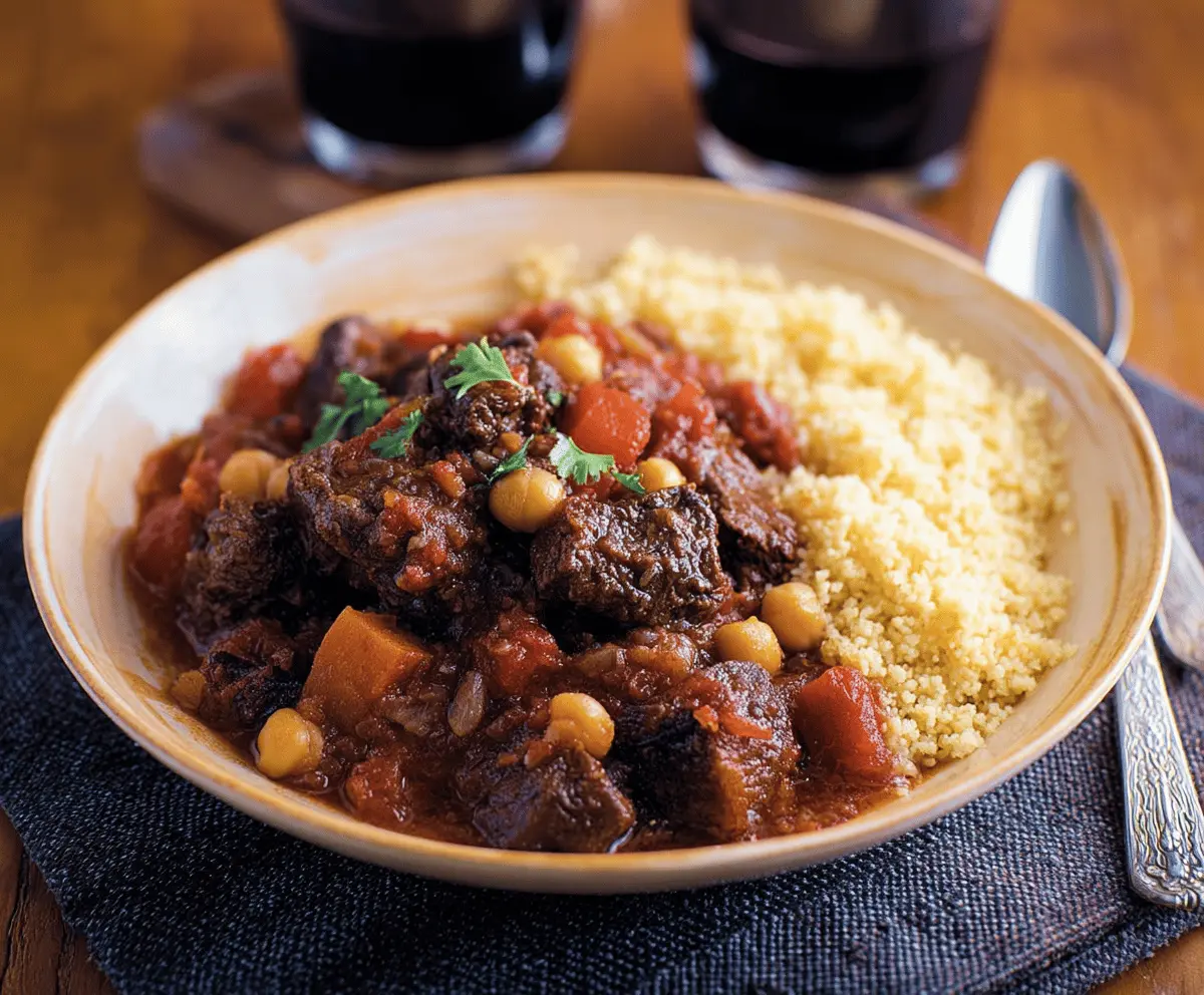Delicious Moroccan Beef Stew with tender beef chunks, aromatic spices, vegetables, and fresh herbs served in a rustic bowl
