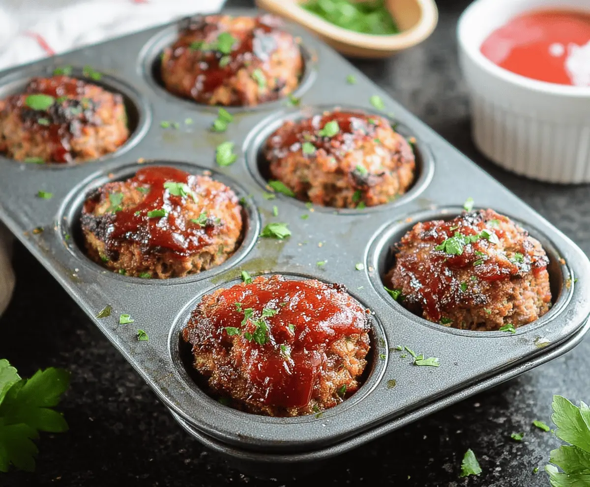 Delicious muffin tin meatloaf baked in individual portions, served with fresh herbs and a side of vegetables