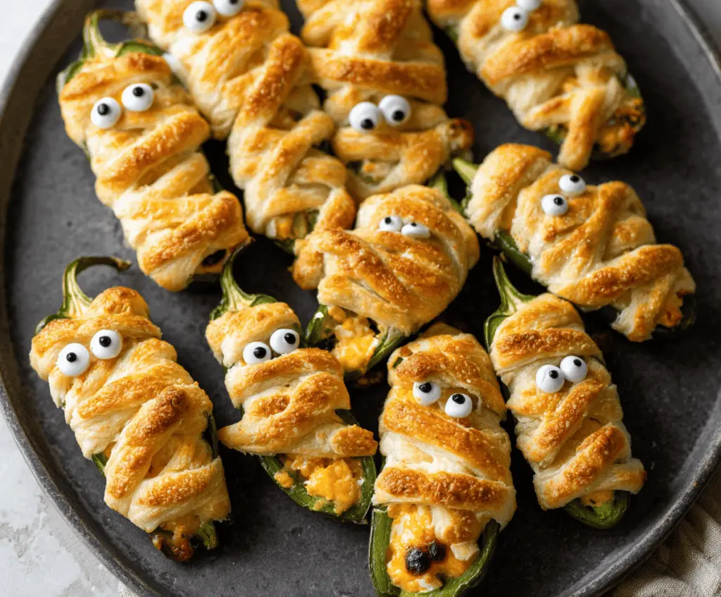 Spooky Mummy Jalapeño Poppers garnished with melted cheese and cute mummy wrapping for Halloween party snacks