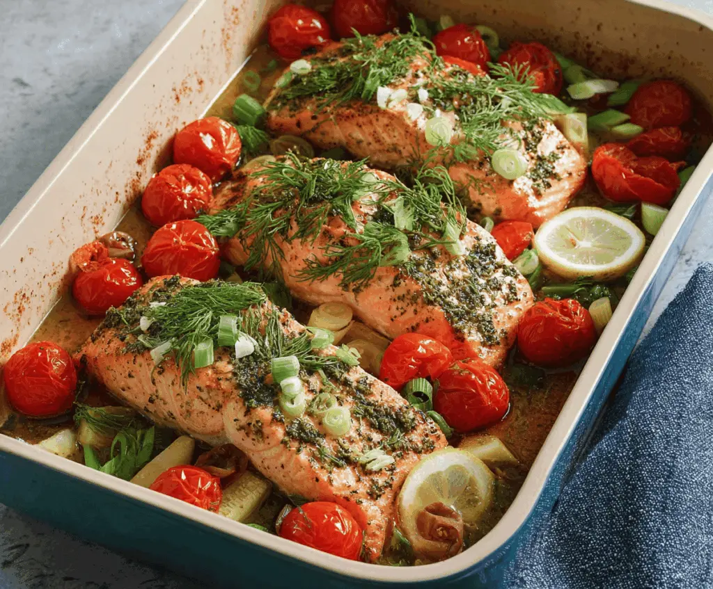 Delicious oven-baked Greek salmon garnished with herbs on a plate