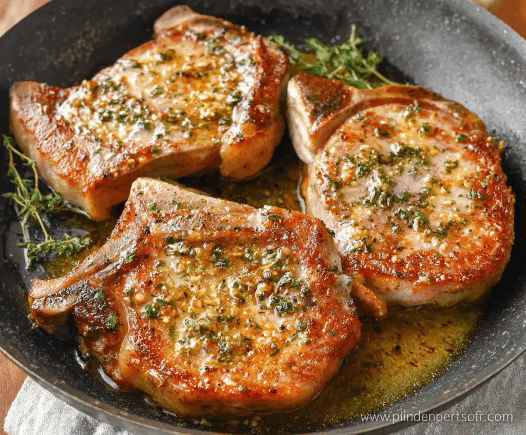 Juicy pan-seared pork chops with golden-brown crust served on a plate with herbs and vegetables