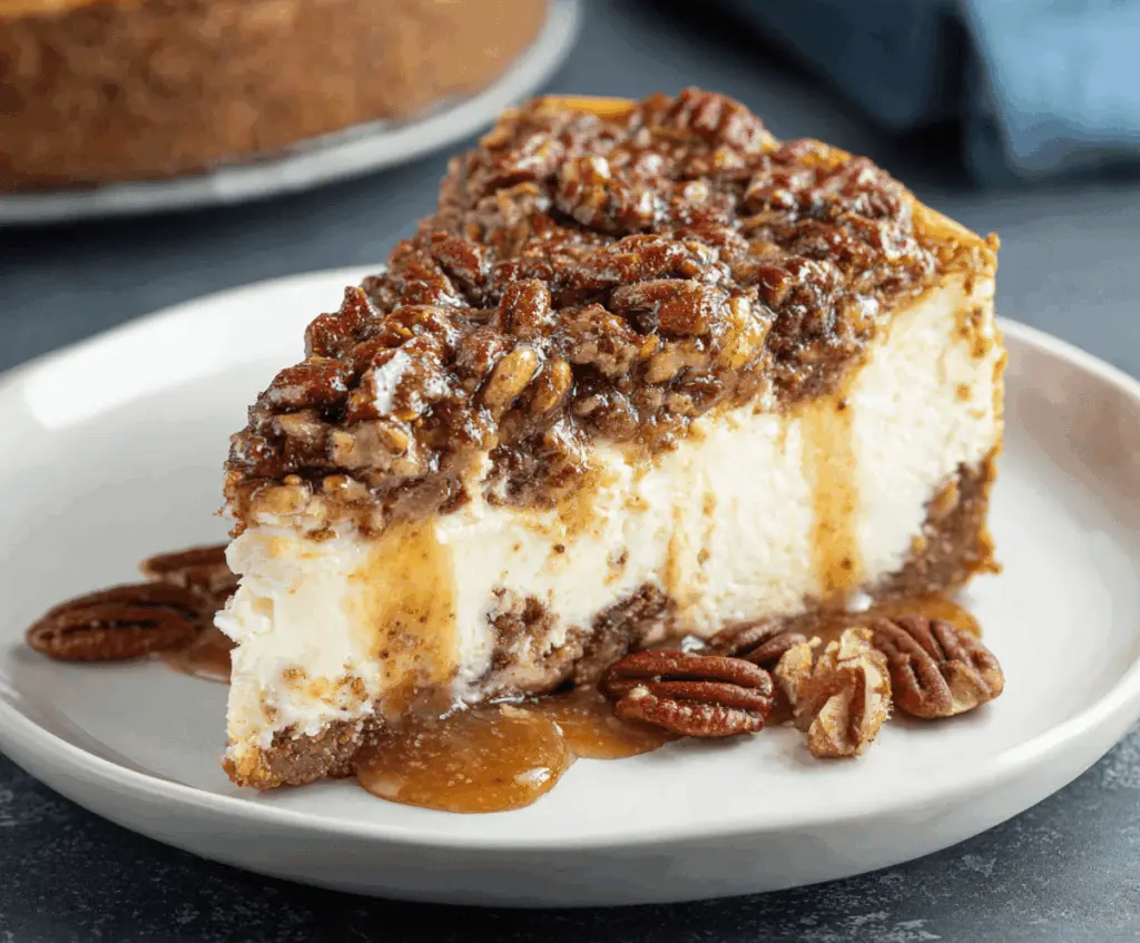 Delicious pecan pie cheesecake topped with caramelized pecans and whipped cream, ready to serve